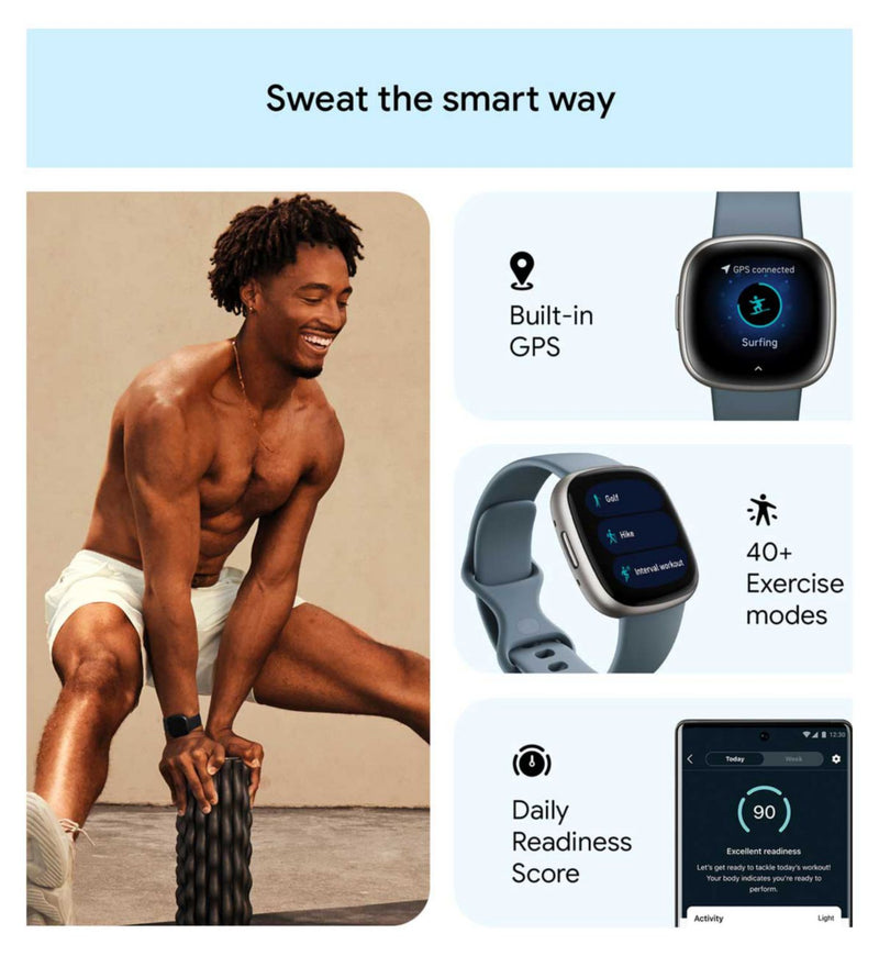 Fitbit Versa 4 fitness smartwatch Waterfall Blue (British brand)