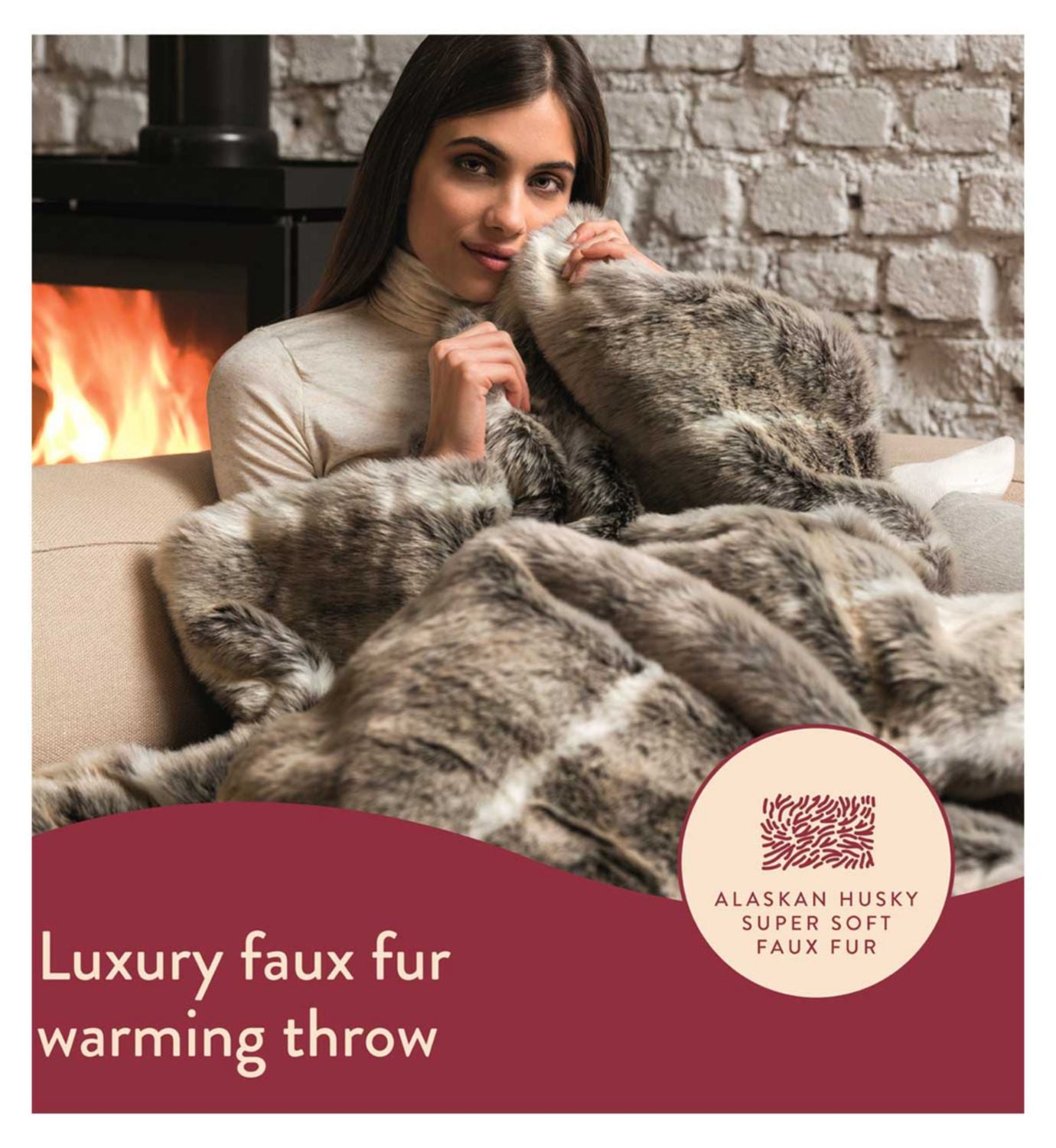 Dreamland Intelliheat warming throw Alaskan Husky faux fur 120cm x 160cm - British product