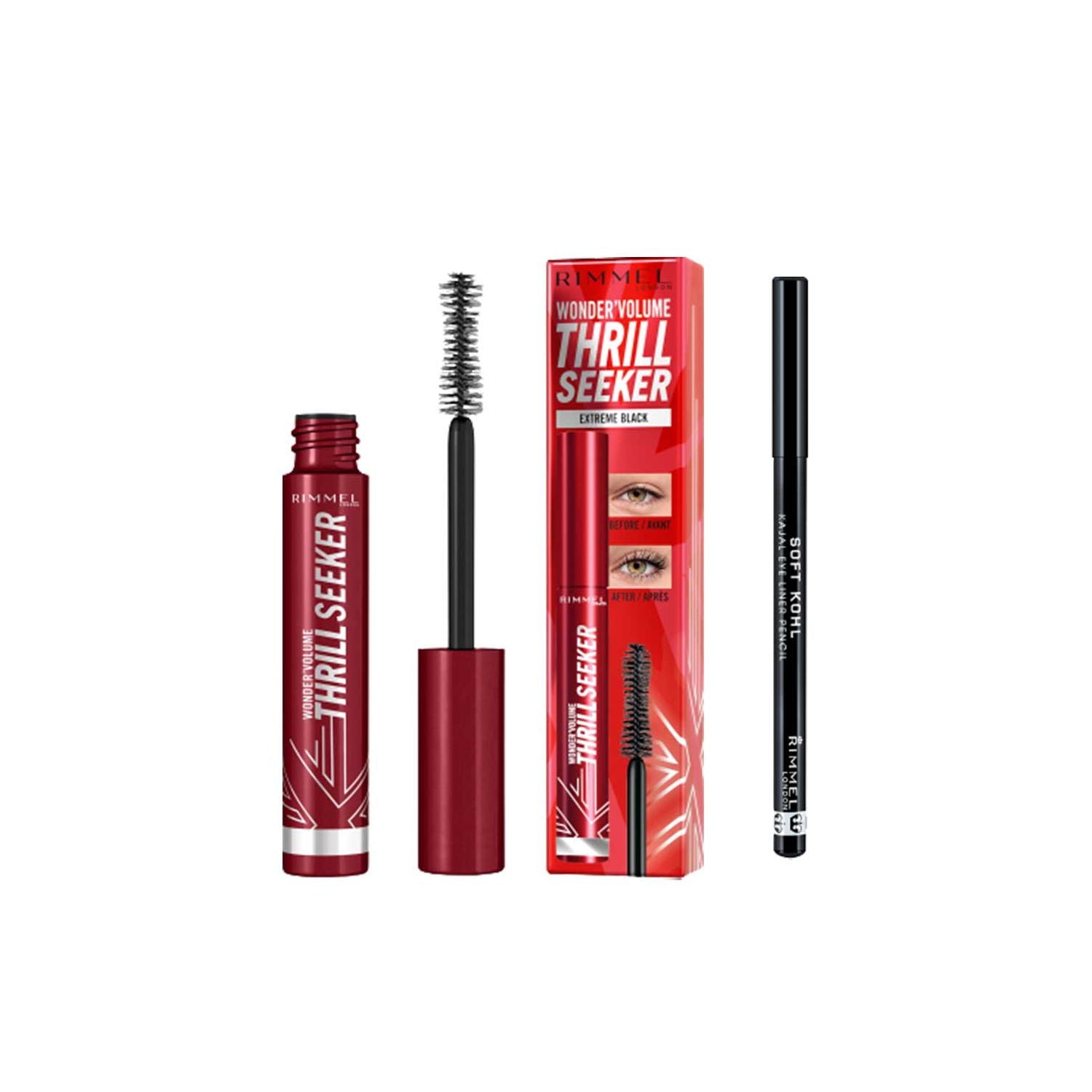 Rimmel London mascara and soft kohl eyeliner bundle, imported from the UK