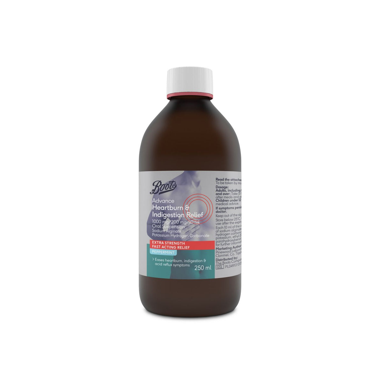 Boots Advance heartburn relief oral suspension 250ml, imported from the UK