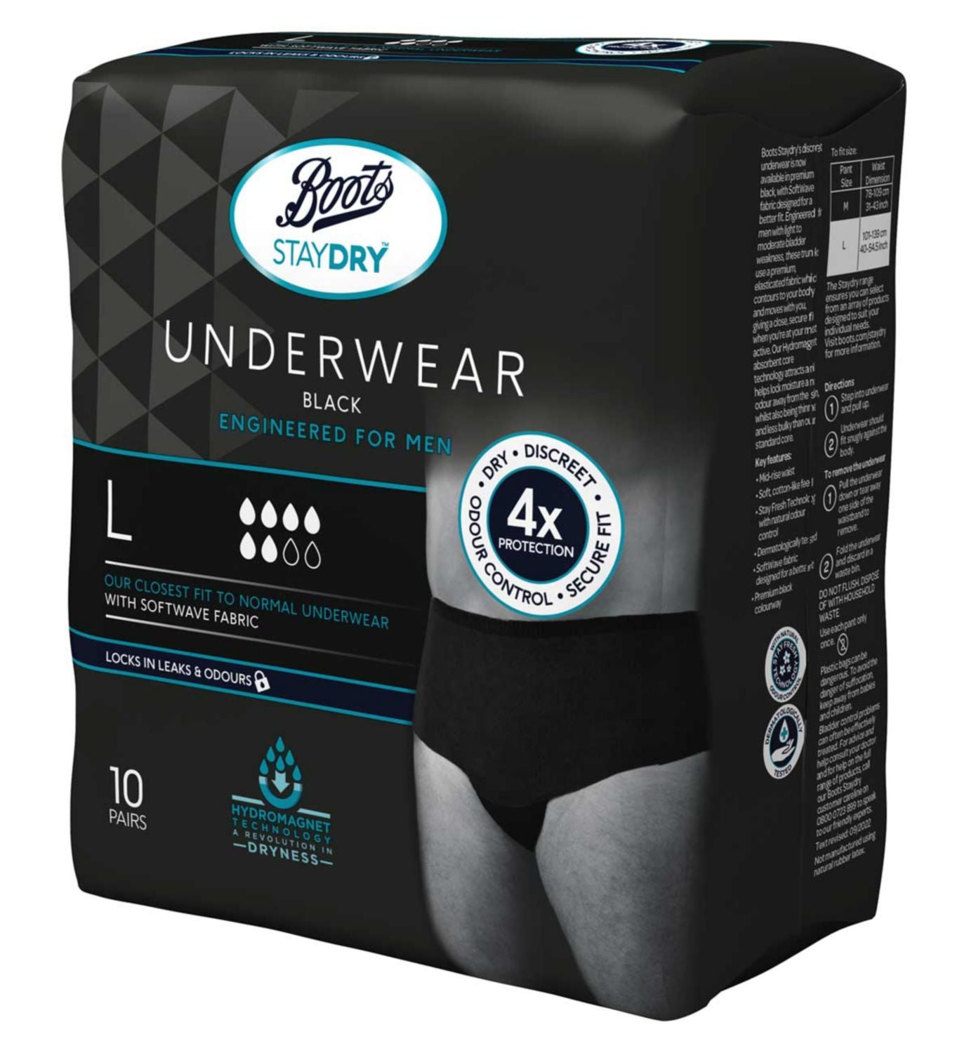 Boots Staydry Men's Black Underwear Large 10 Pack - British product