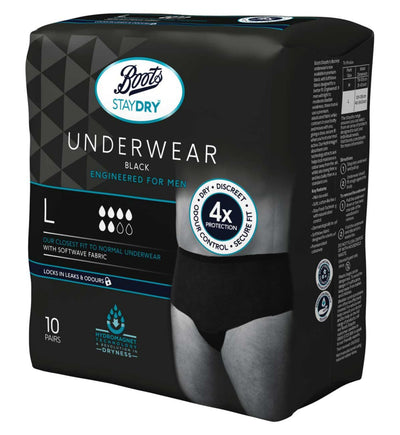 Boots Staydry Herre Svart Inkontinensundertøy Large 10 par