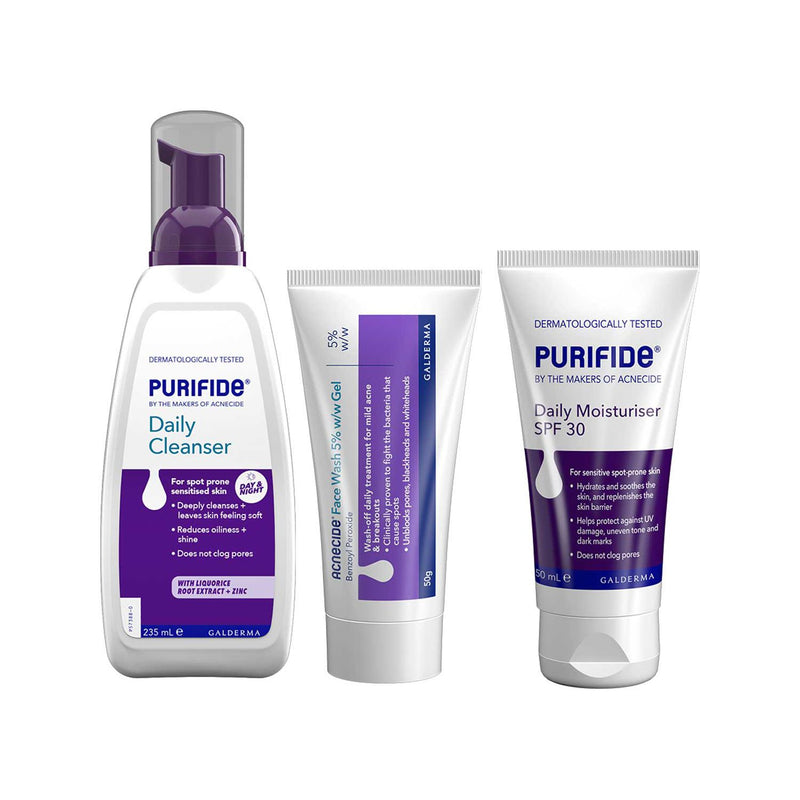 Acnecide Purifide 3-step acne treatment skincare routine - British product