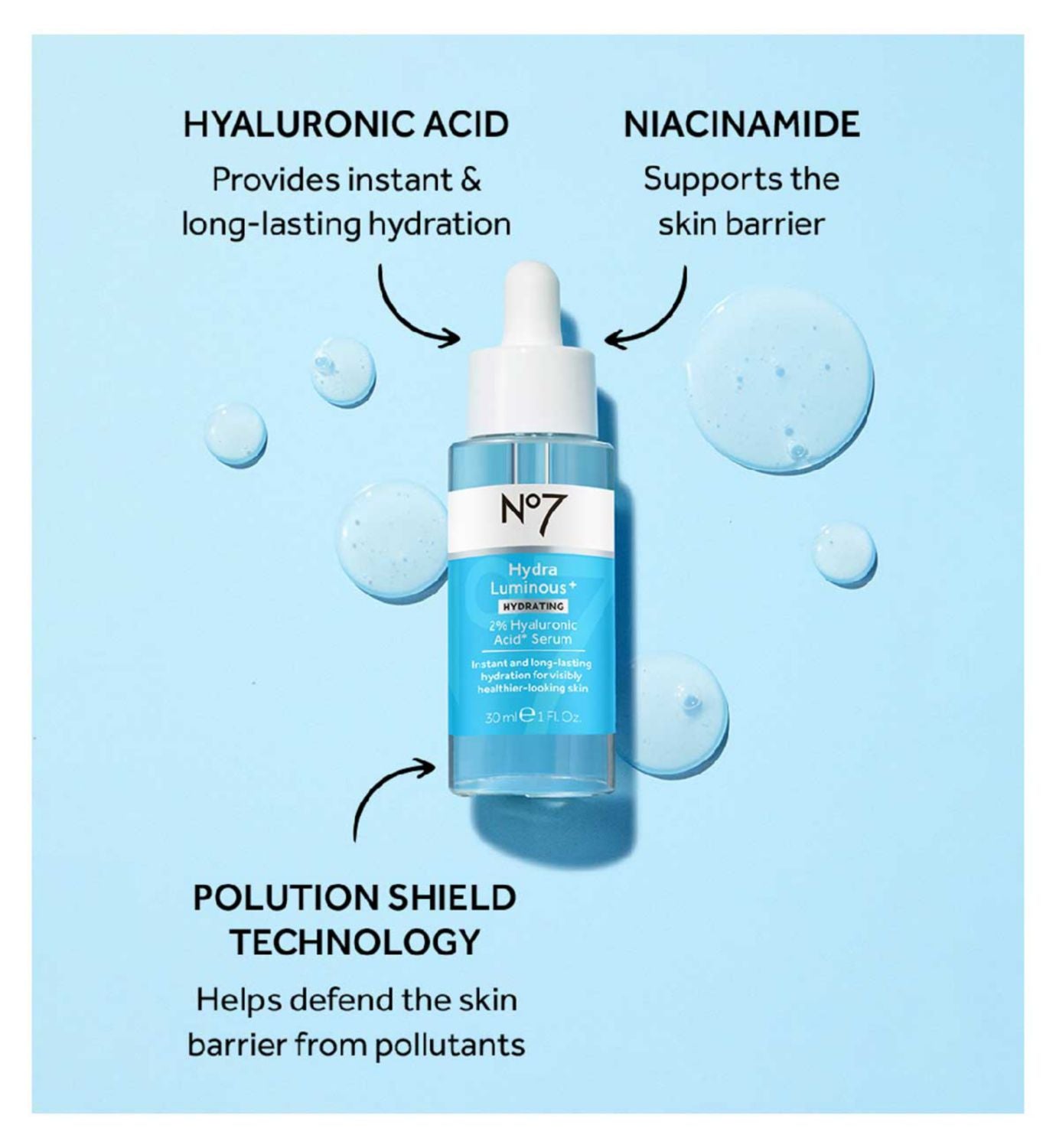 No7 HydraLuminous+ 2% Hyaluronic Acid Serum 30ml, imported from the UK