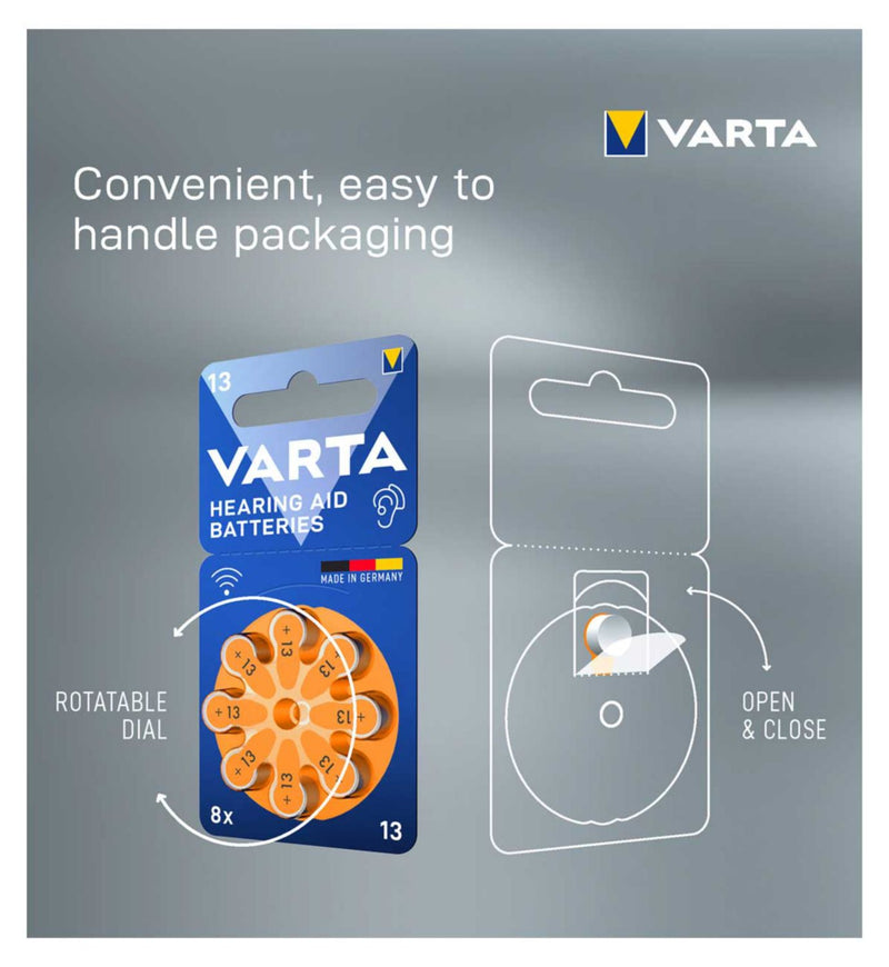 VARTA hearing aid batteries size 13 pack of 8, UK version