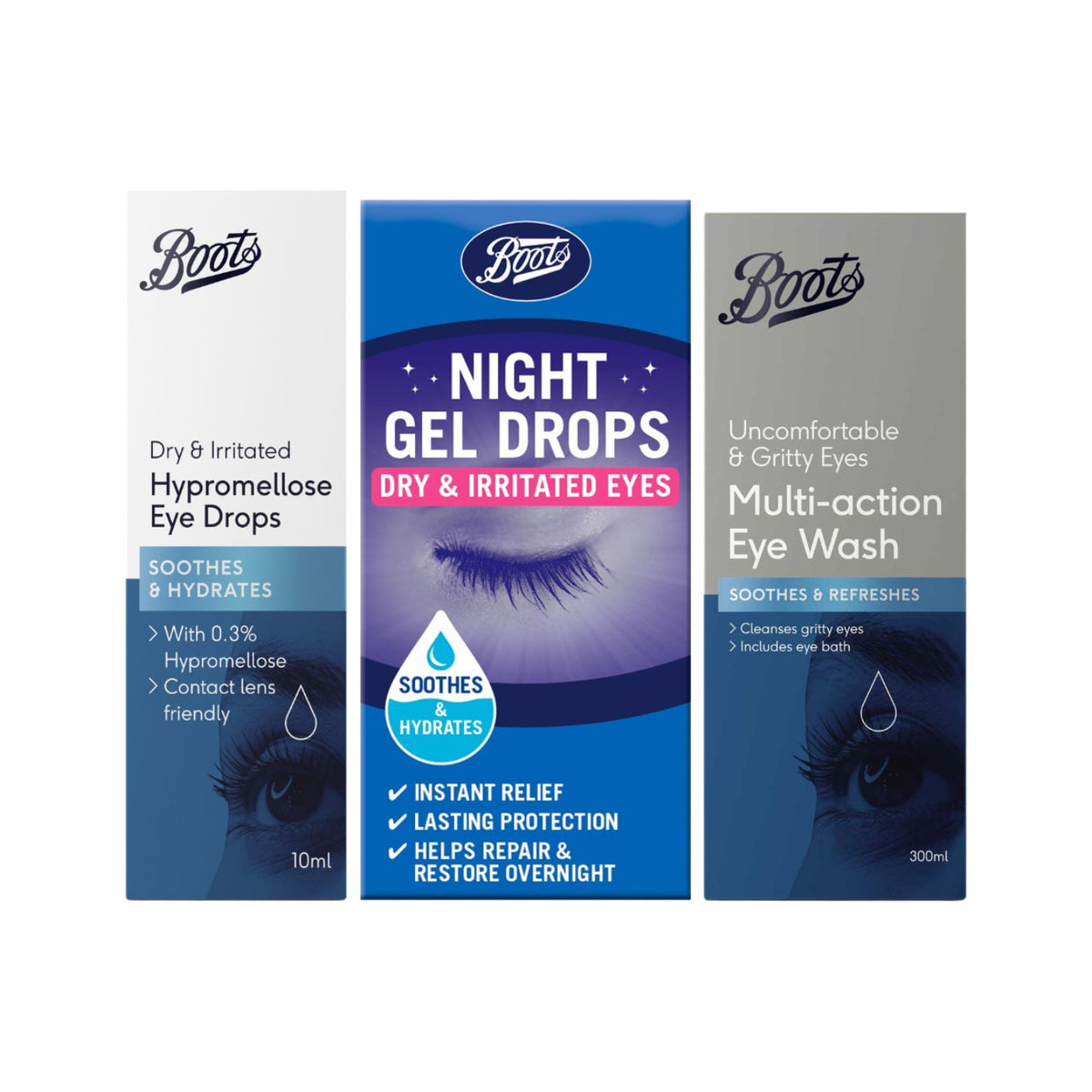 Boots eye care bundle with eye wash drops and night gel - British product