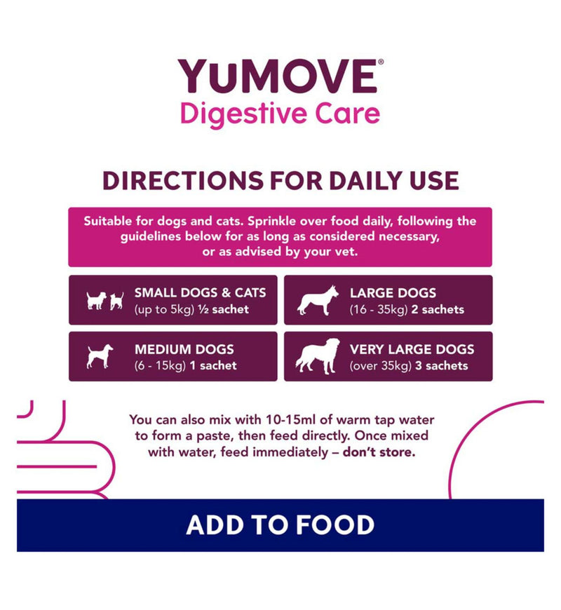 YuMOVE Digestive Care Plus pet supplement 6 sachets, imported from the UK