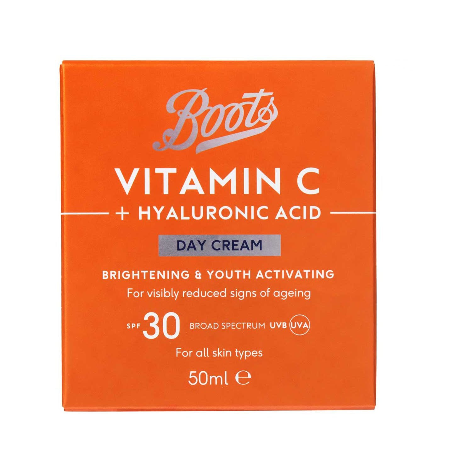 Boots day cream Vitamin C Hyaluronic Acid SPF30 50ml, UK version