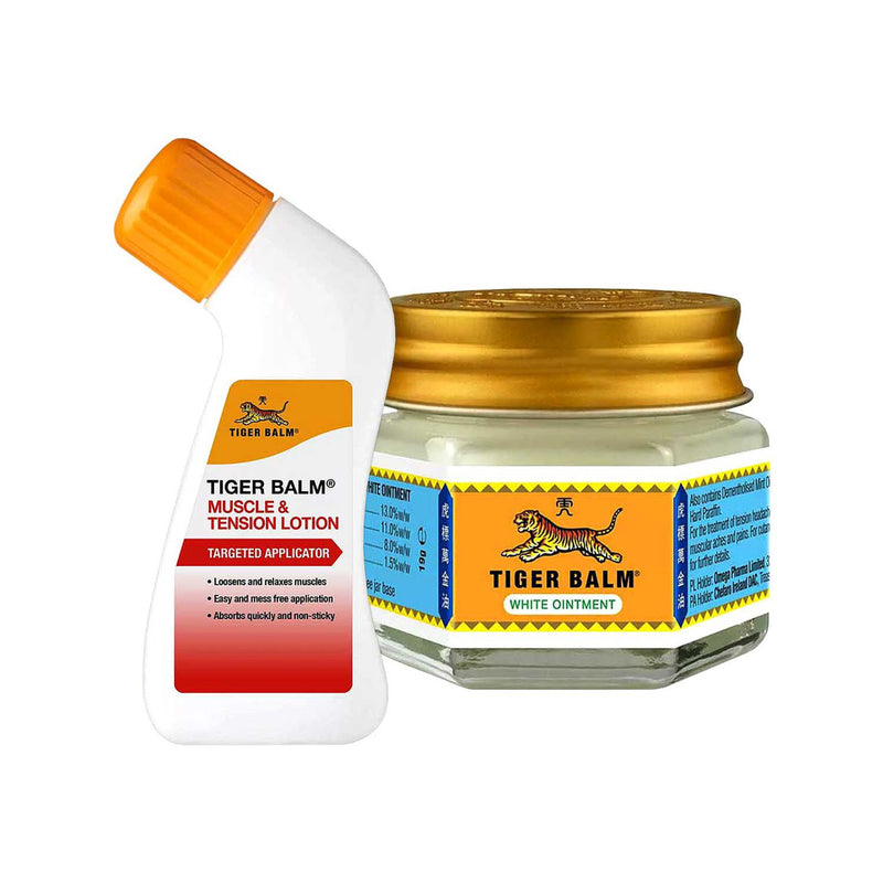 Tiger Balm pain relief bundle White Ointment 19g and Muscle Lotion 80ml (British brand)
