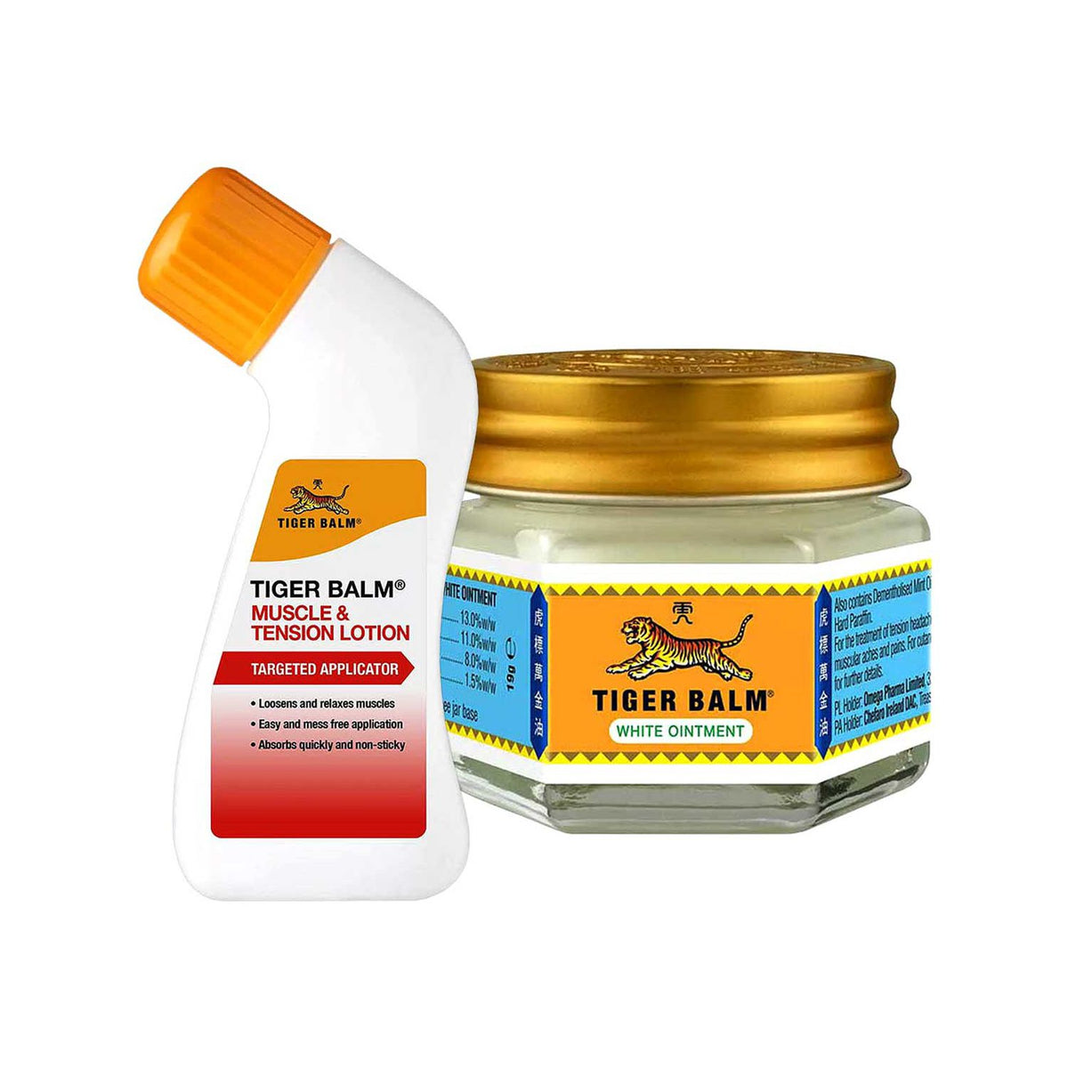 Tiger Balm pain relief bundle White Ointment 19g and Muscle Lotion 80ml (British brand)