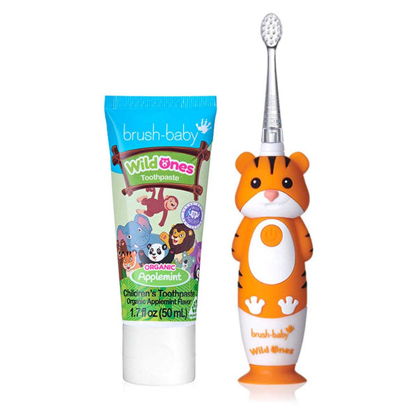Kids Rechargeable Electric Toothbrush with Tiger Design and Applemint Toothpaste Set