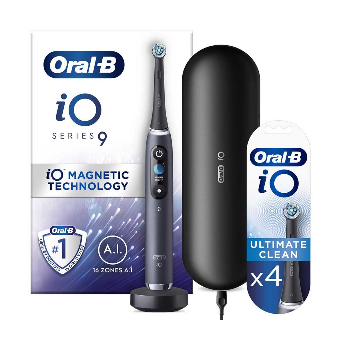 Oral-B iO9™ Electric Toothbrush - Black Onyx + iO™ Ultimate Clean Black Replacement Electric Toothbrush Heads 4 Pack Bundle GOODS Boots   