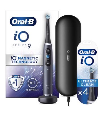 Oral-B iO9™ Electric Toothbrush - Black Onyx + iO™ Ultimate Clean Black Replacement Electric Toothbrush Heads 4 Pack Bundle GOODS Boots   