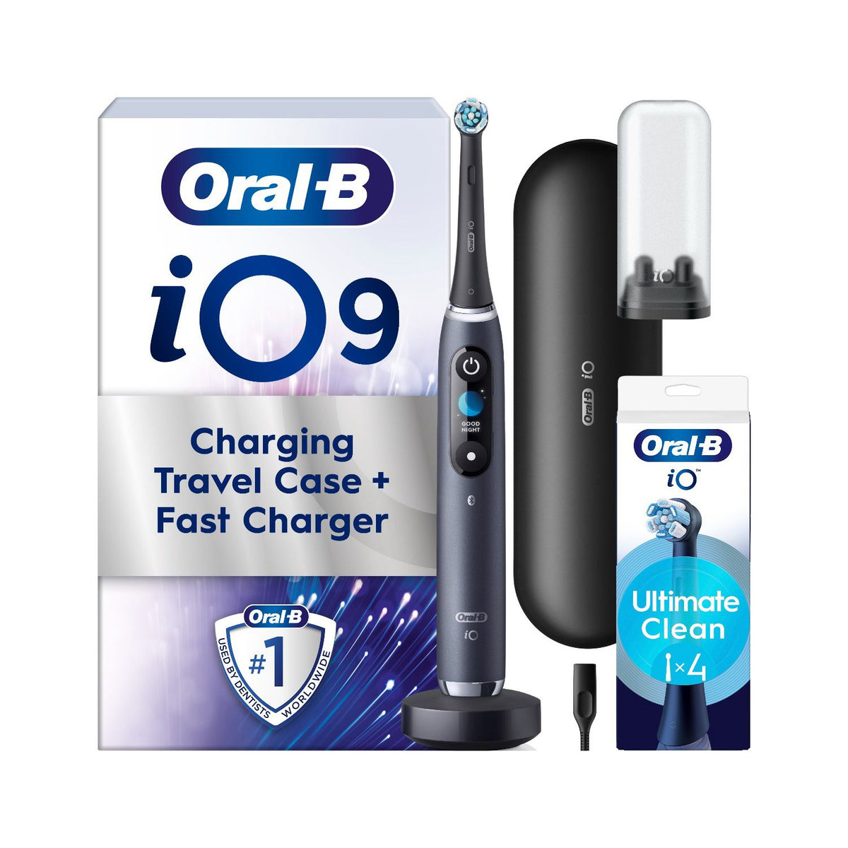 Oral-B iO9 Black Onyx electric toothbrush bundle with iO heads (British brand)