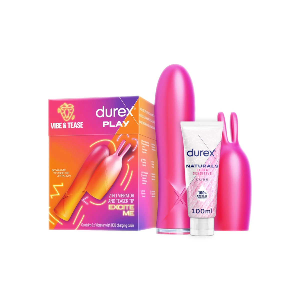 Durex Vibrate & Tease Bundle with 2-in-1 vibrator and lube (British brand)