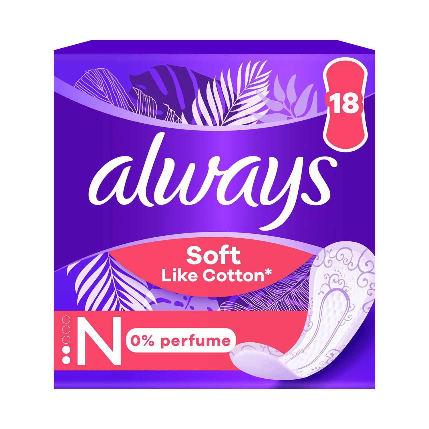 Always Normal panty liners 18 count, imported from the UK