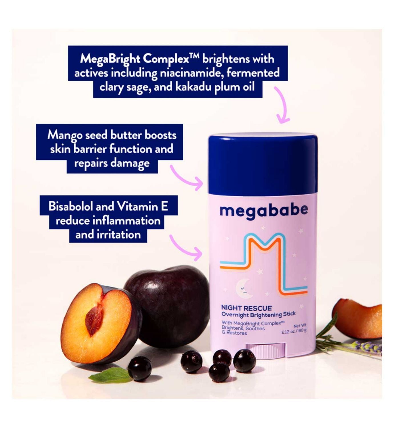 Megababe Night Rescue Bright Stick 60g, imported from the UK
