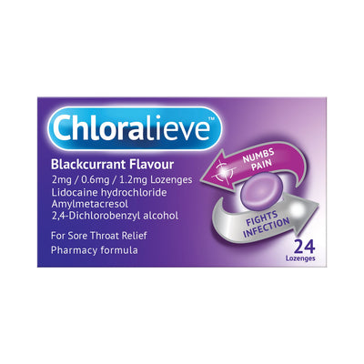 Boots Chloralieve Blackcurrant Flavour 2mg/0.6mg/1.2mg Sore Throat Lozenges 24 Pack- Buy online at McGrocer