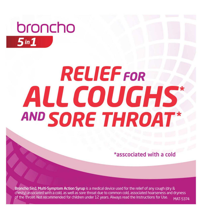 Broncho 5 in 1 multi-symptom cough syrup 200ml, imported from the UK