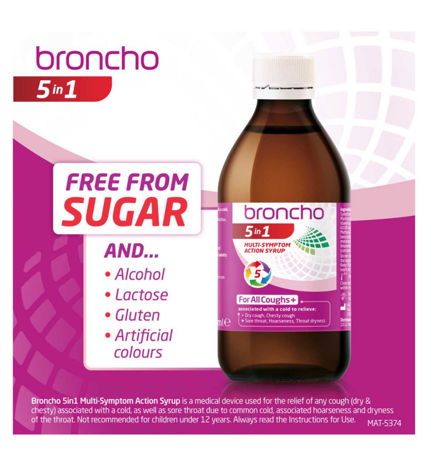 Broncho 5 in 1 multi-symptom cough syrup 200ml, imported from the UK