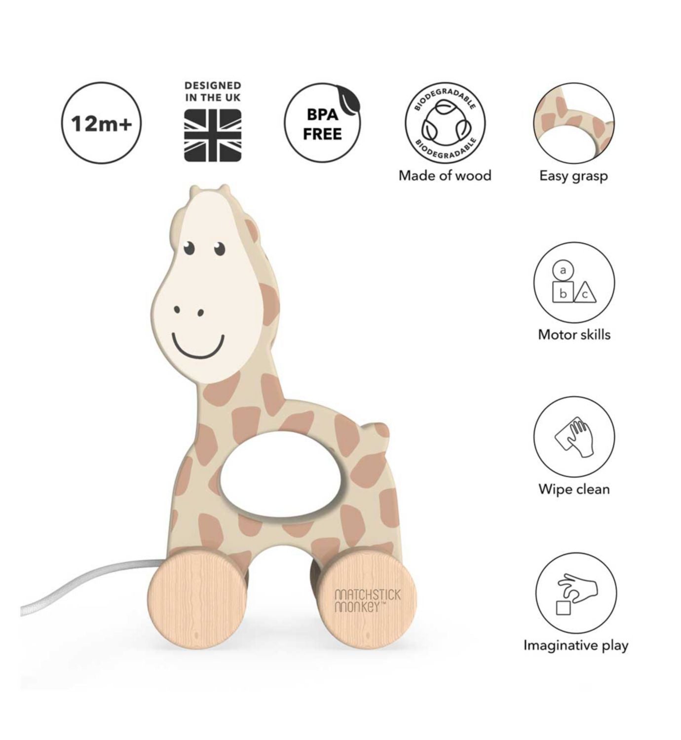 Matchstick Monkey wooden pull along toy giraffe, imported from the UK