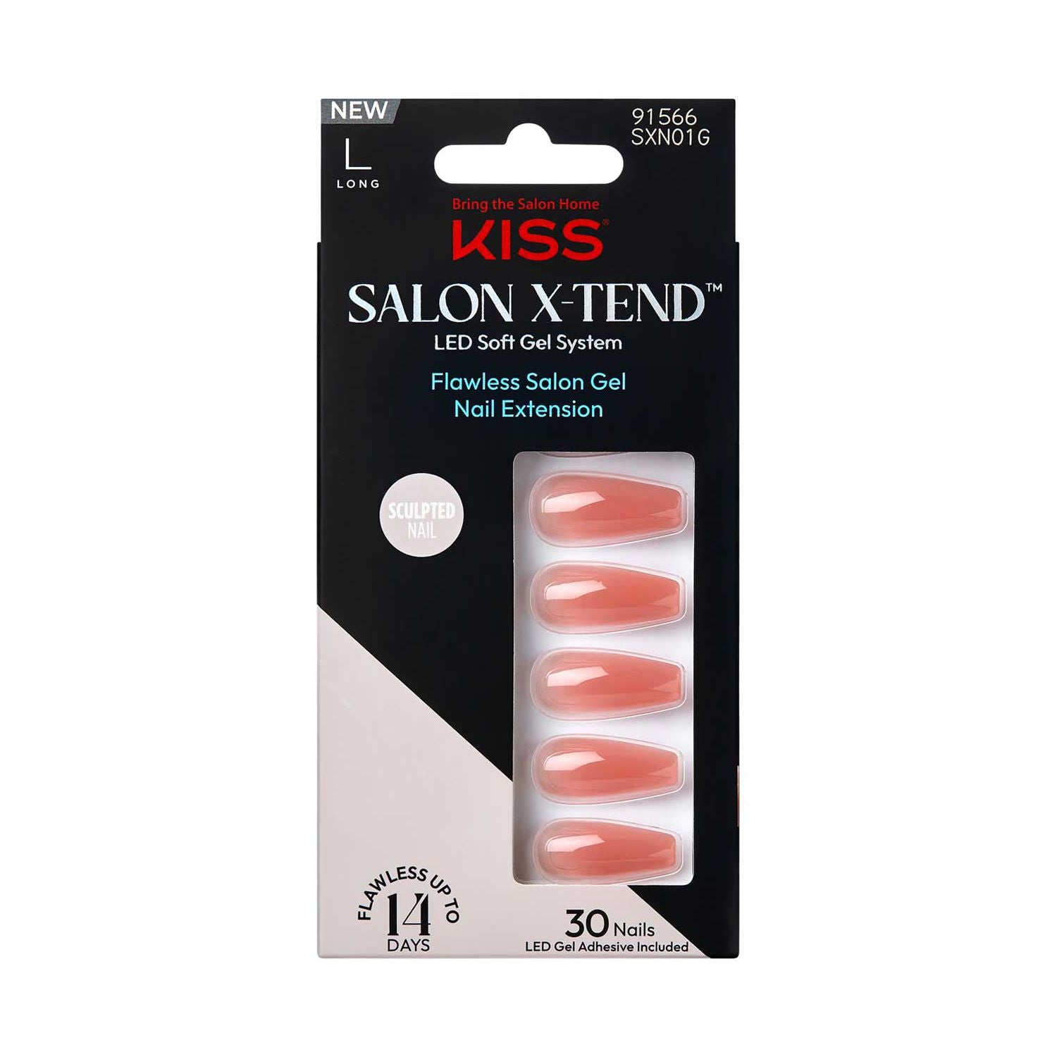KISS Salon X-Tend Gel Nails solid pink long coffin, UK version