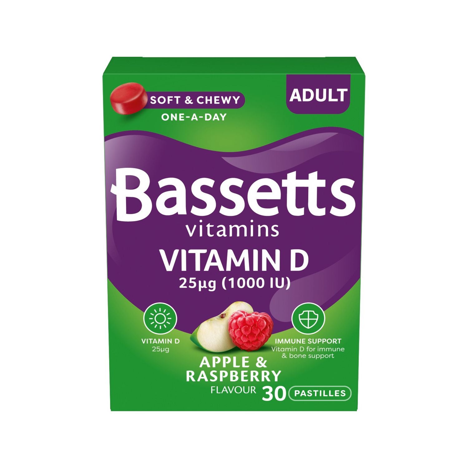 Bassetts vitamin D gummies apple and raspberry flavour 30 count, imported from the UK