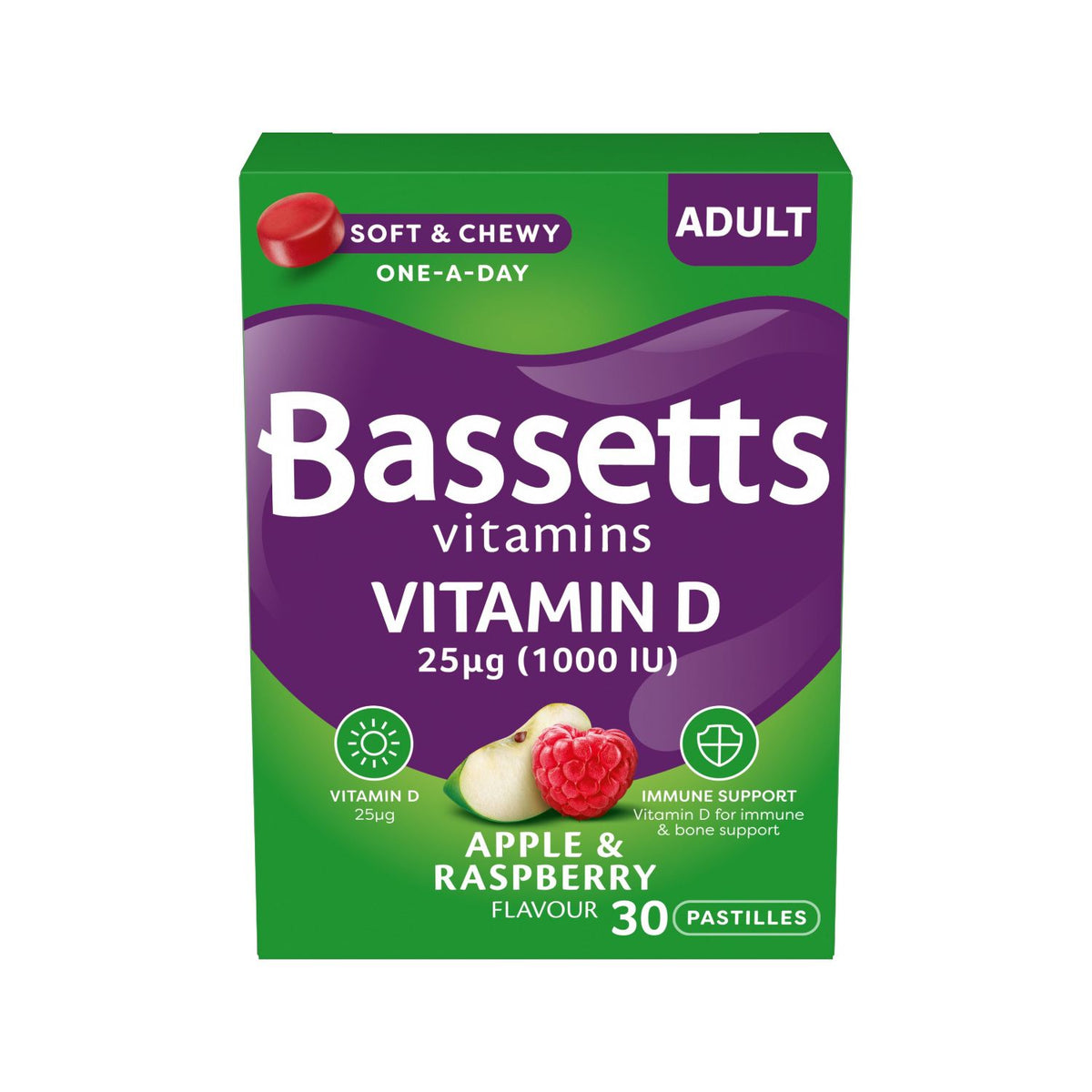 Bassetts vitamin D gummies apple and raspberry flavour 30 count, imported from the UK
