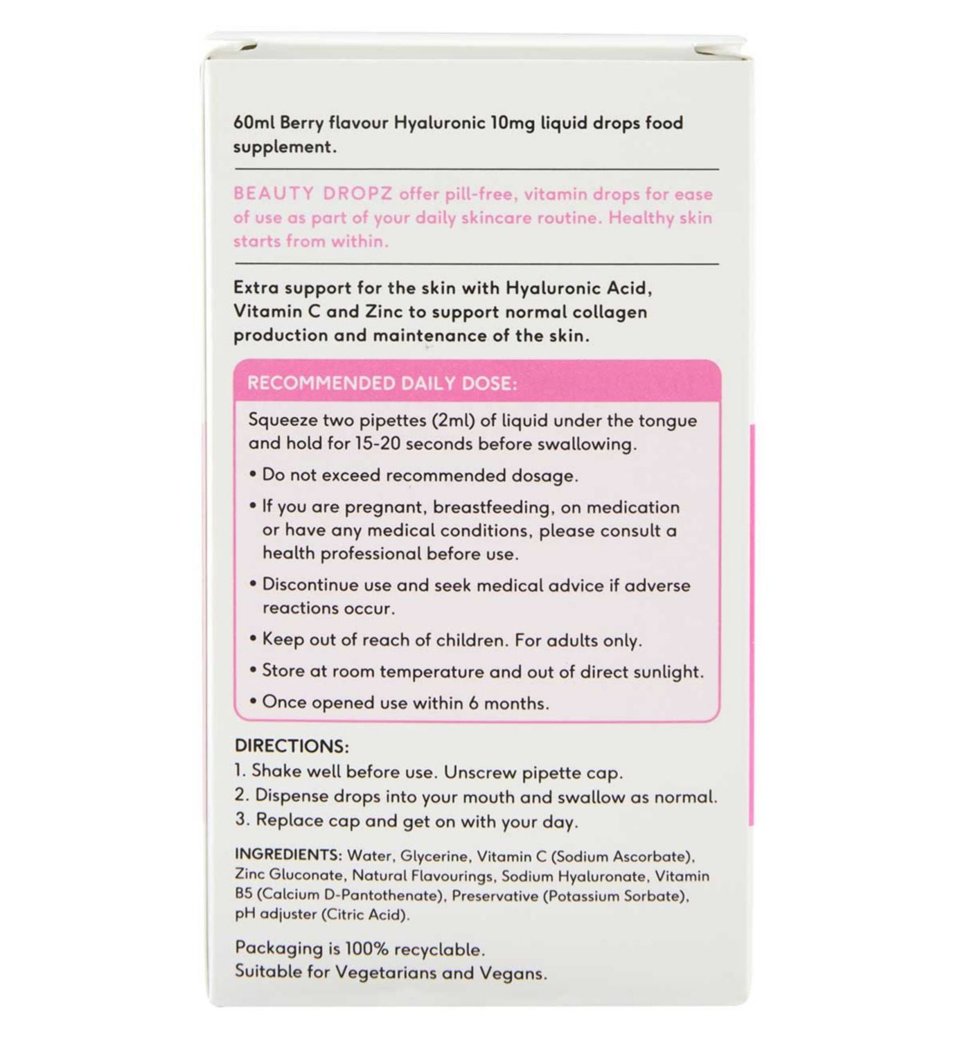 Beauty Dropz Hyaluronic Oral Skincare Vitamin Drops 60ml