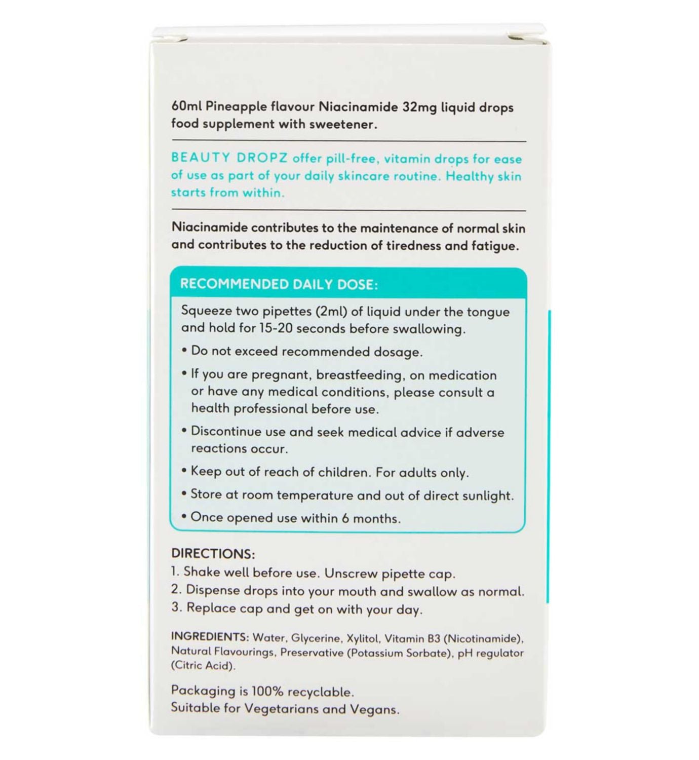 Beauty Dropz Niacinamide Oral Skincare Drops Pineapple Flavoured 60ml - British product
