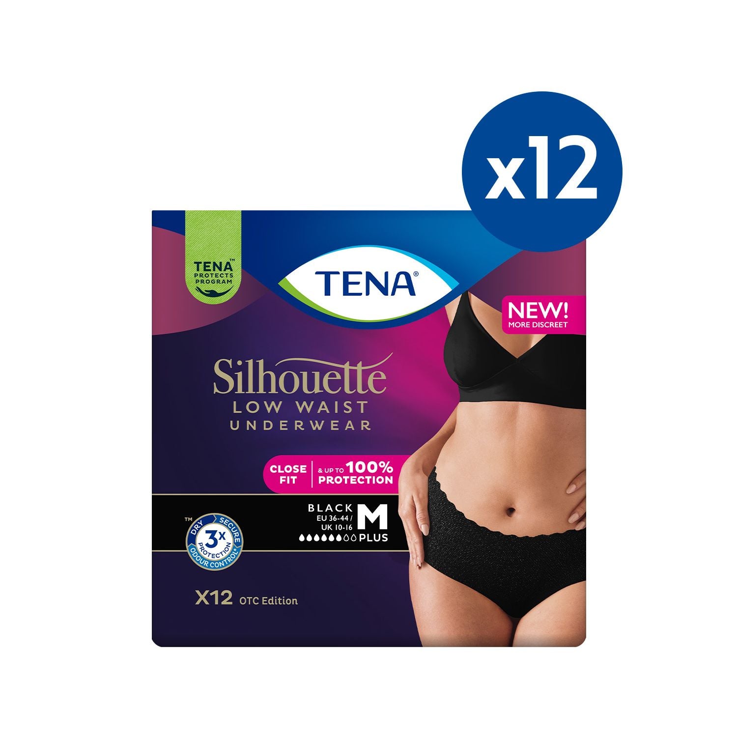 Tena Silhouette Pants Plus medium low waist black 12-pack, UK version