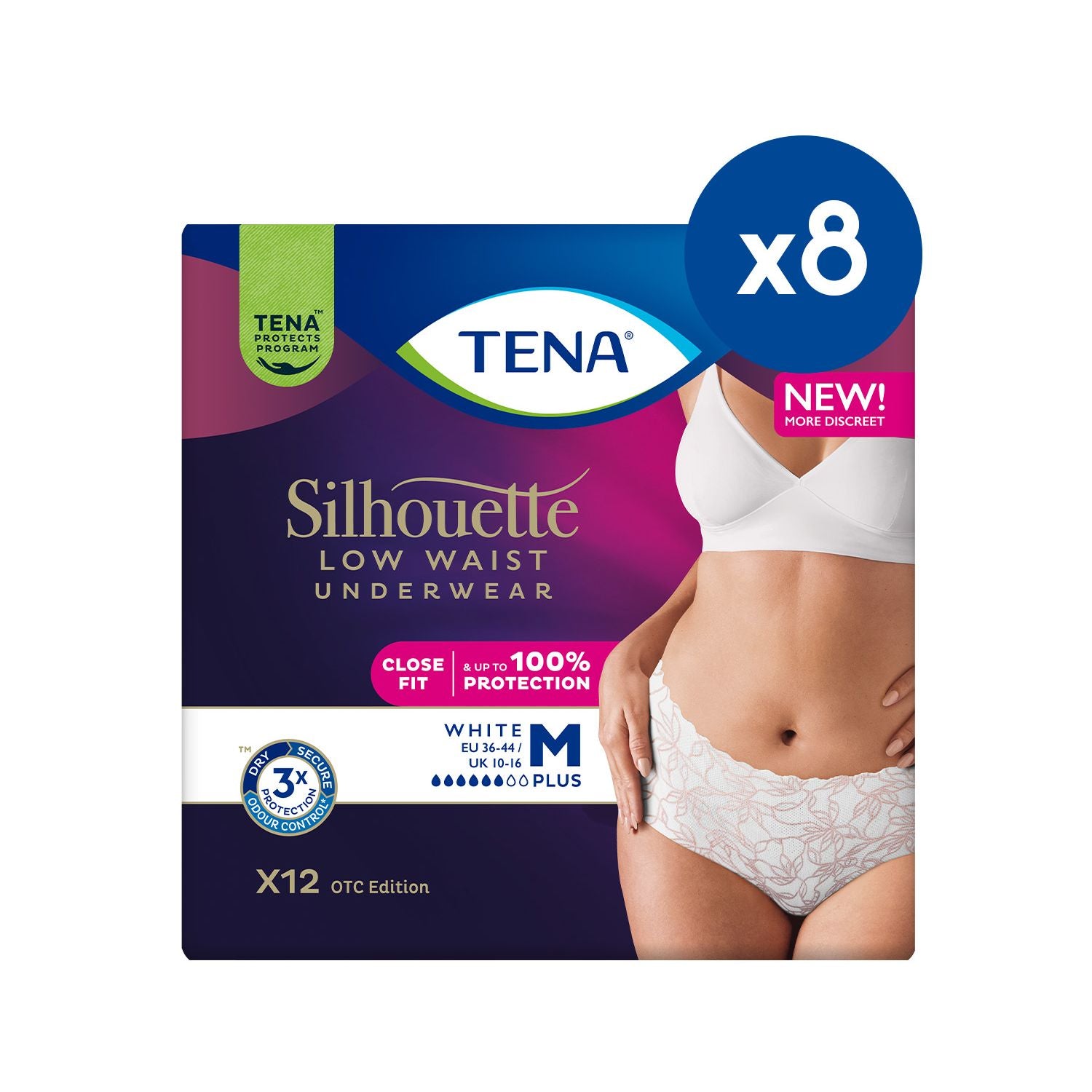 Tena Silhouette Pants Plus Medium Low Waist White 12s 8 Pack Bundle