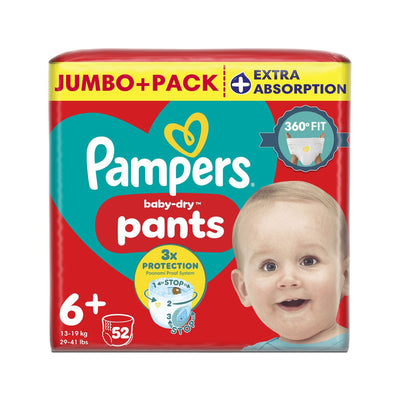 Boots Pampers Baby-Dry Nappy Pants Size 6+, 52 Nappies, 14kg-19kg, Jumbo+ Pack- Buy online at McGrocer