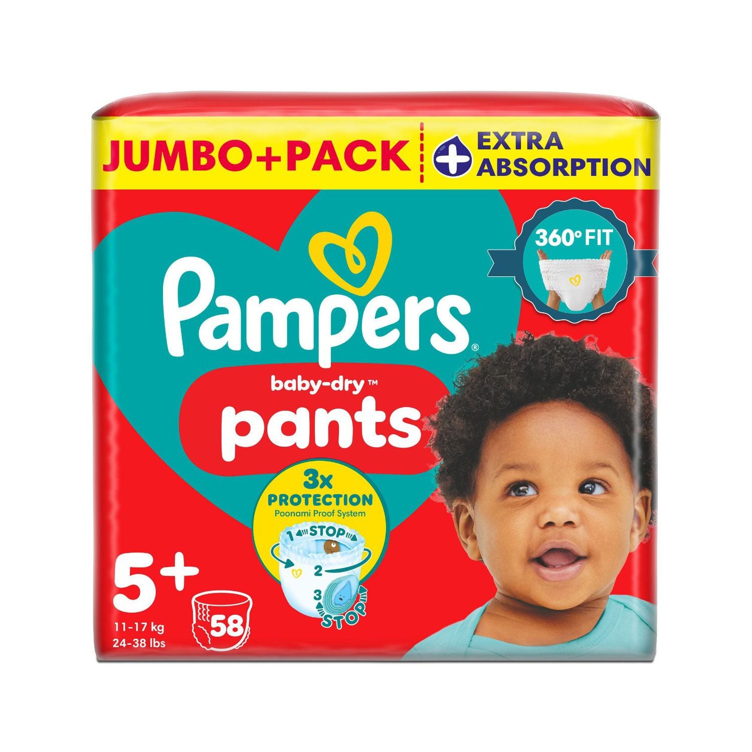 Pampers Baby-Dry nappy pants size 5+ 58 pack, imported from the UK