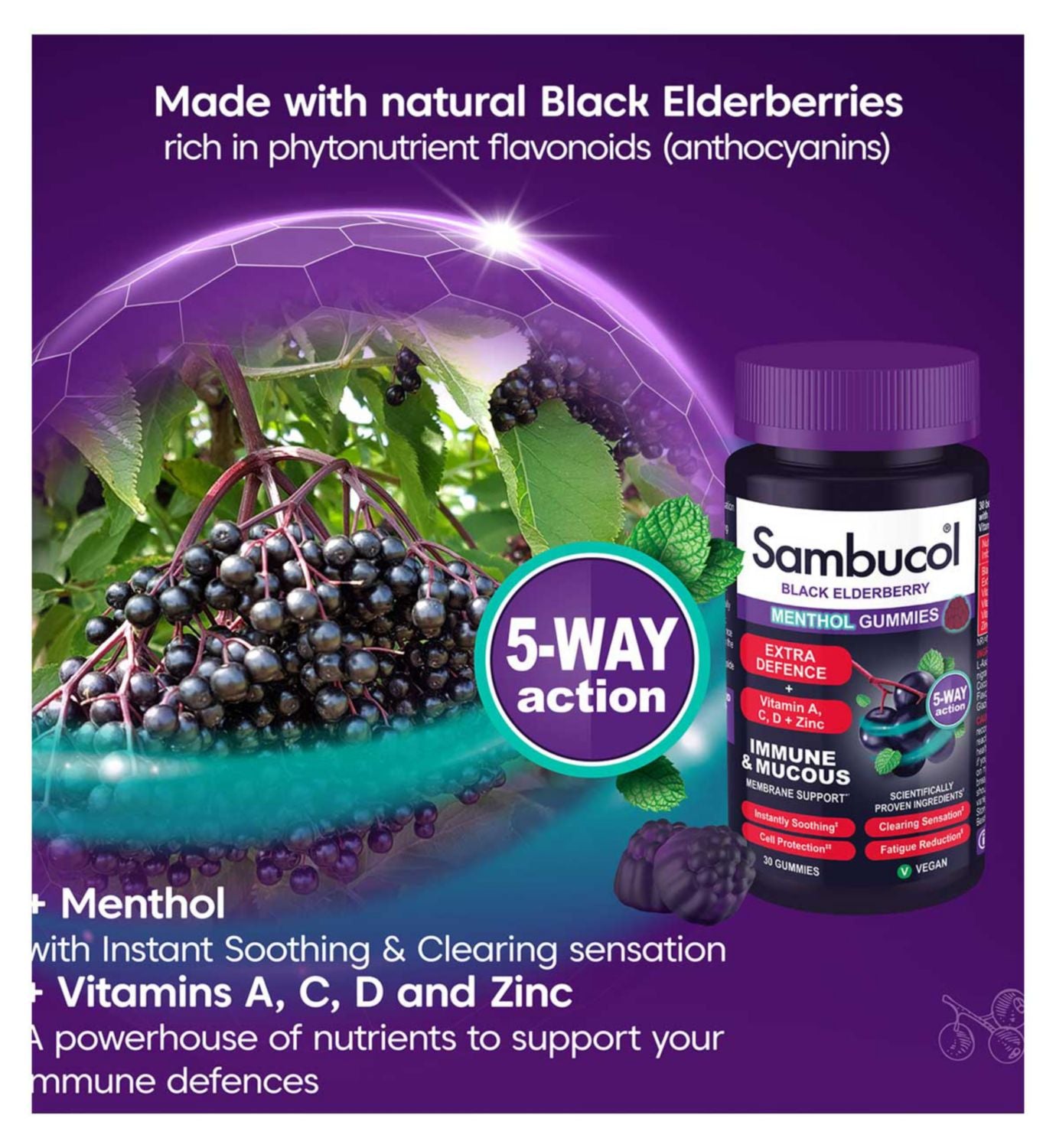 Sambucol Extra Defence Menthol Gummies 30 count, UK version