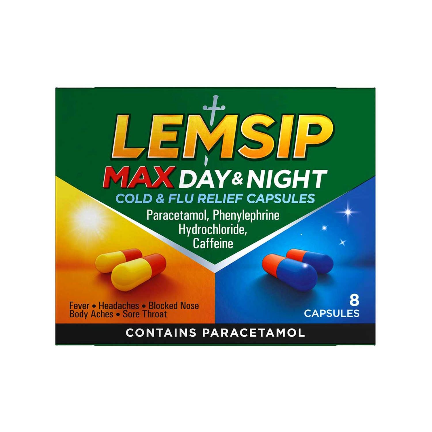 Lemsip Max Day Night capsules 8 pack, imported from the UK