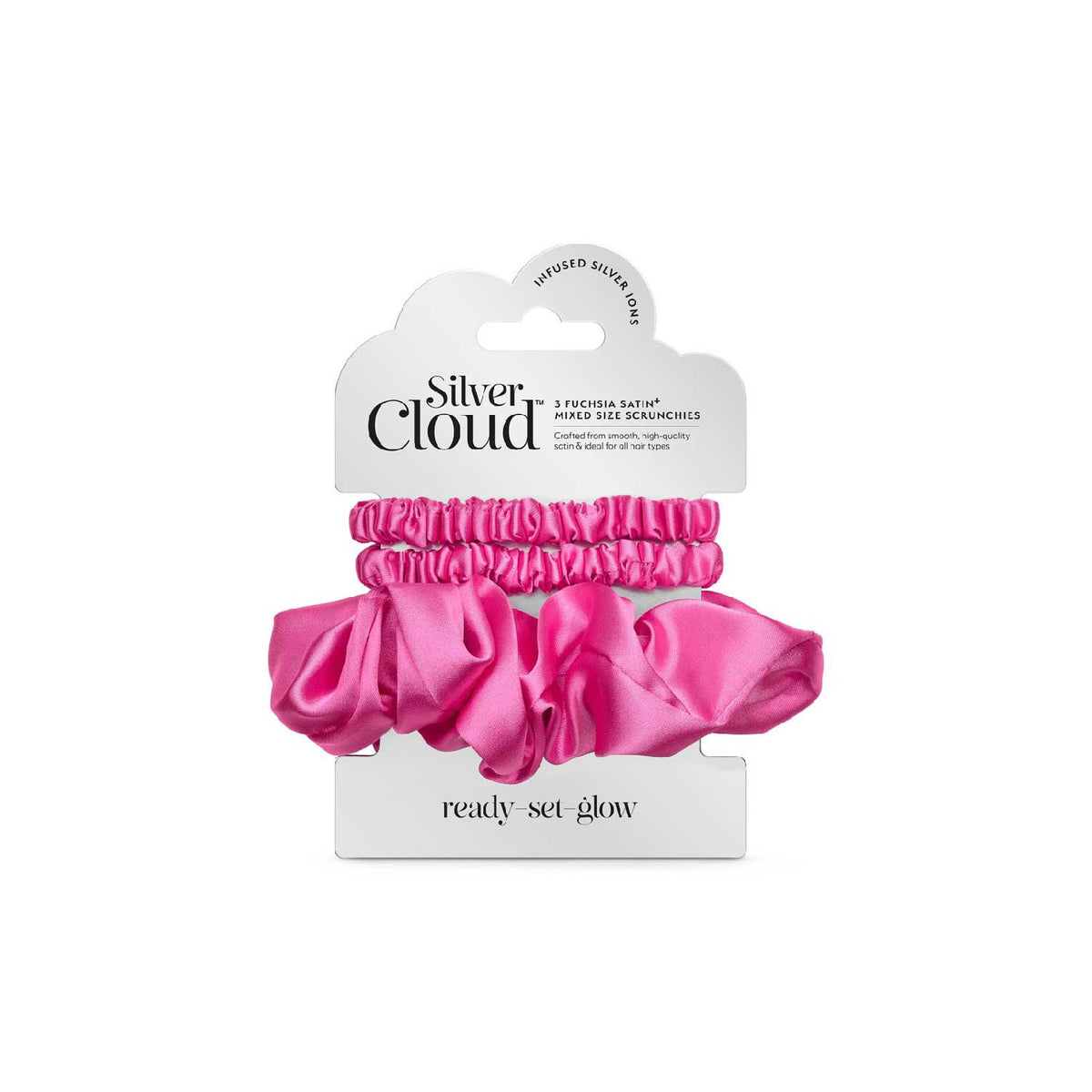 Silver Cloud fuchsia satin scrunchies 3 pack (British brand)