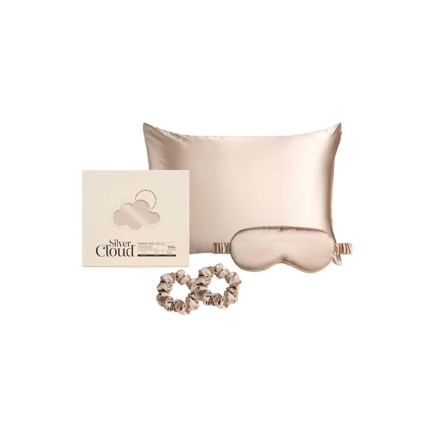 Silver Cloud caramel satin giftset with pillowcase, mask, and scrunchie (British brand)