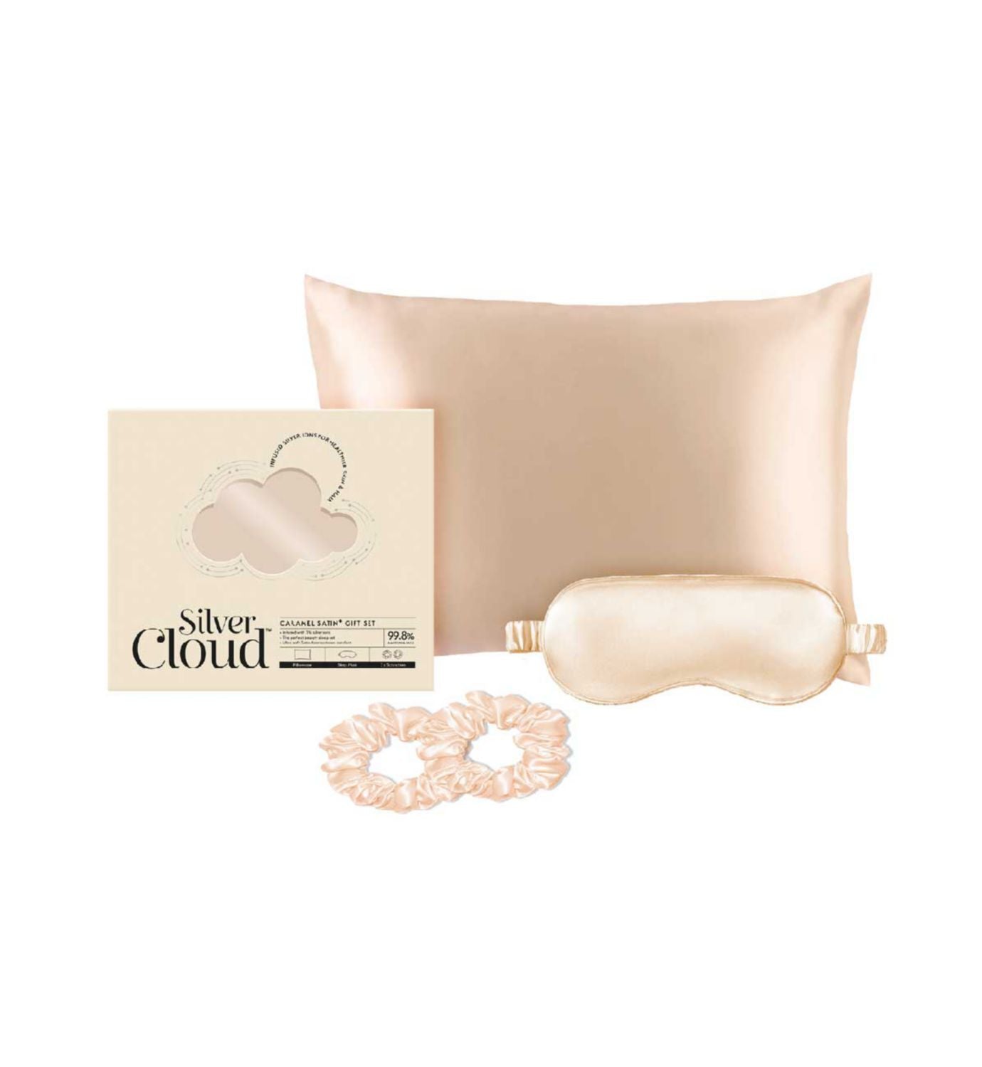 Silver Cloud caramel satin giftset with pillowcase, mask, and scrunchie (British brand)