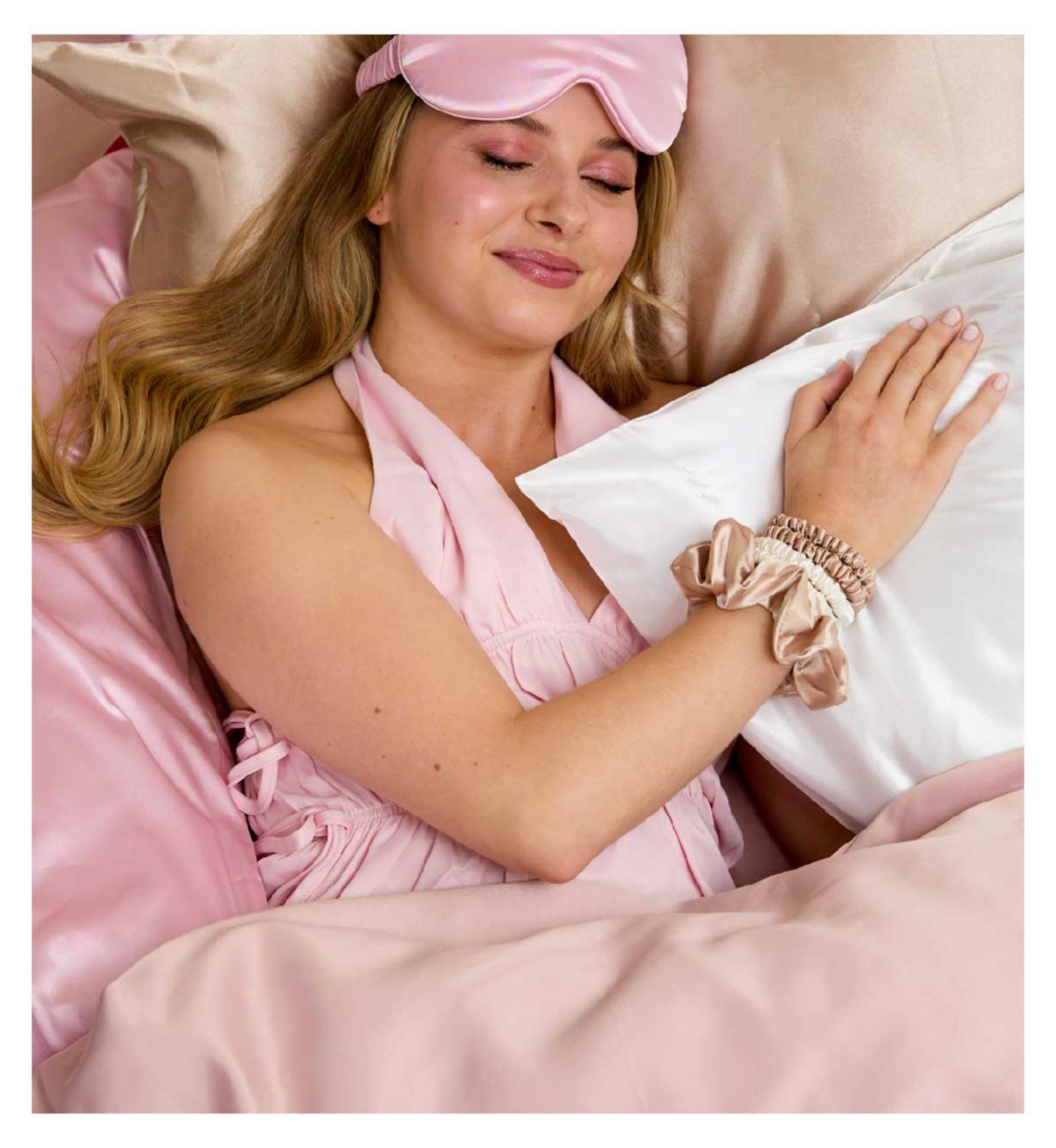 Silver Cloud caramel satin giftset with pillowcase, mask, and scrunchie (British brand)