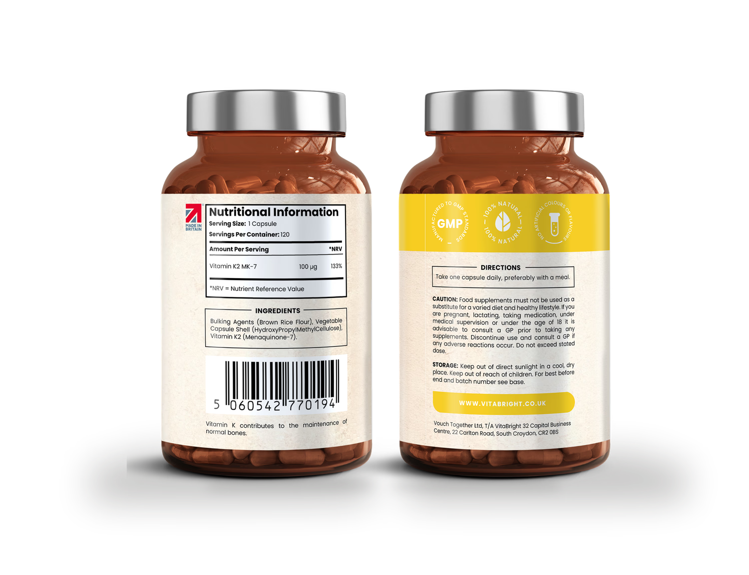 VitaBright Vitamin K2 MK7 supplement 100mcg 120 capsules, imported from the UK