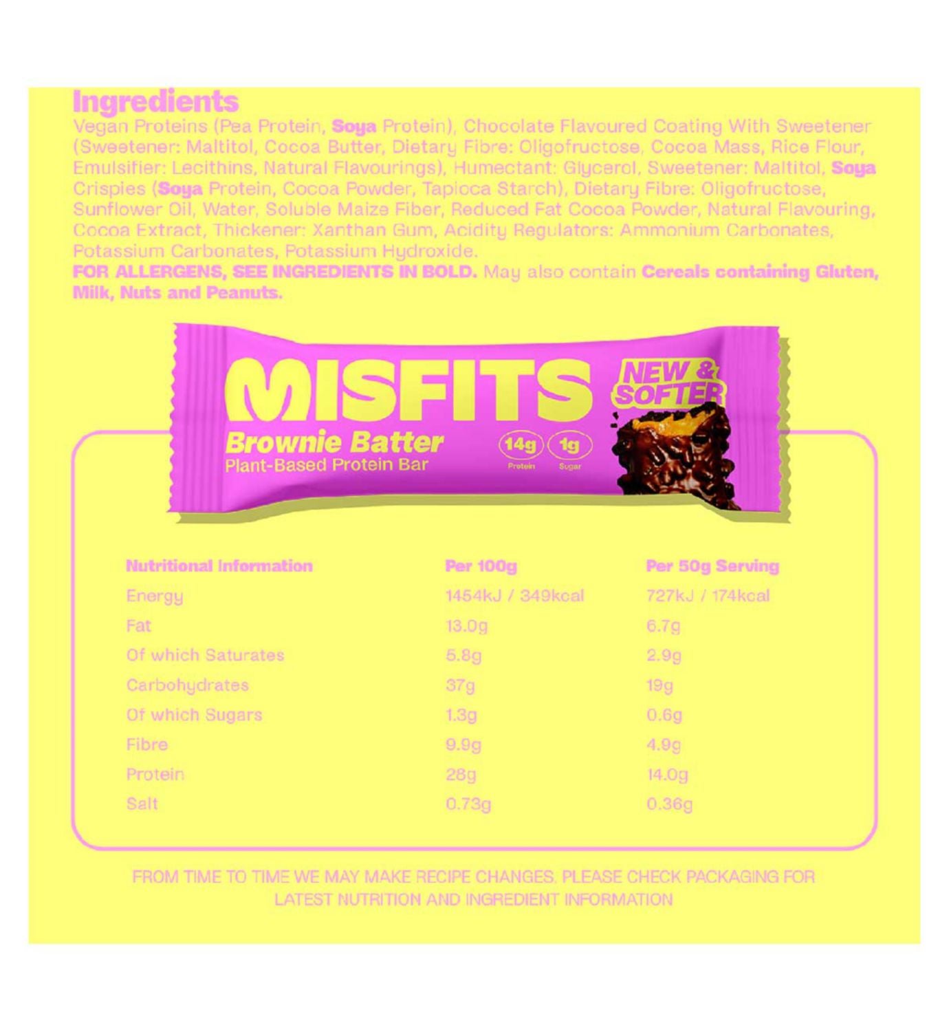 Misfits plant based brownie batter protein bar 50g, imported from the UK
