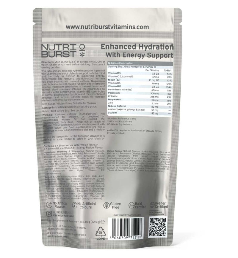 Nutriburst Energy Hydration electrolyte powder 15 sachets, imported from the UK