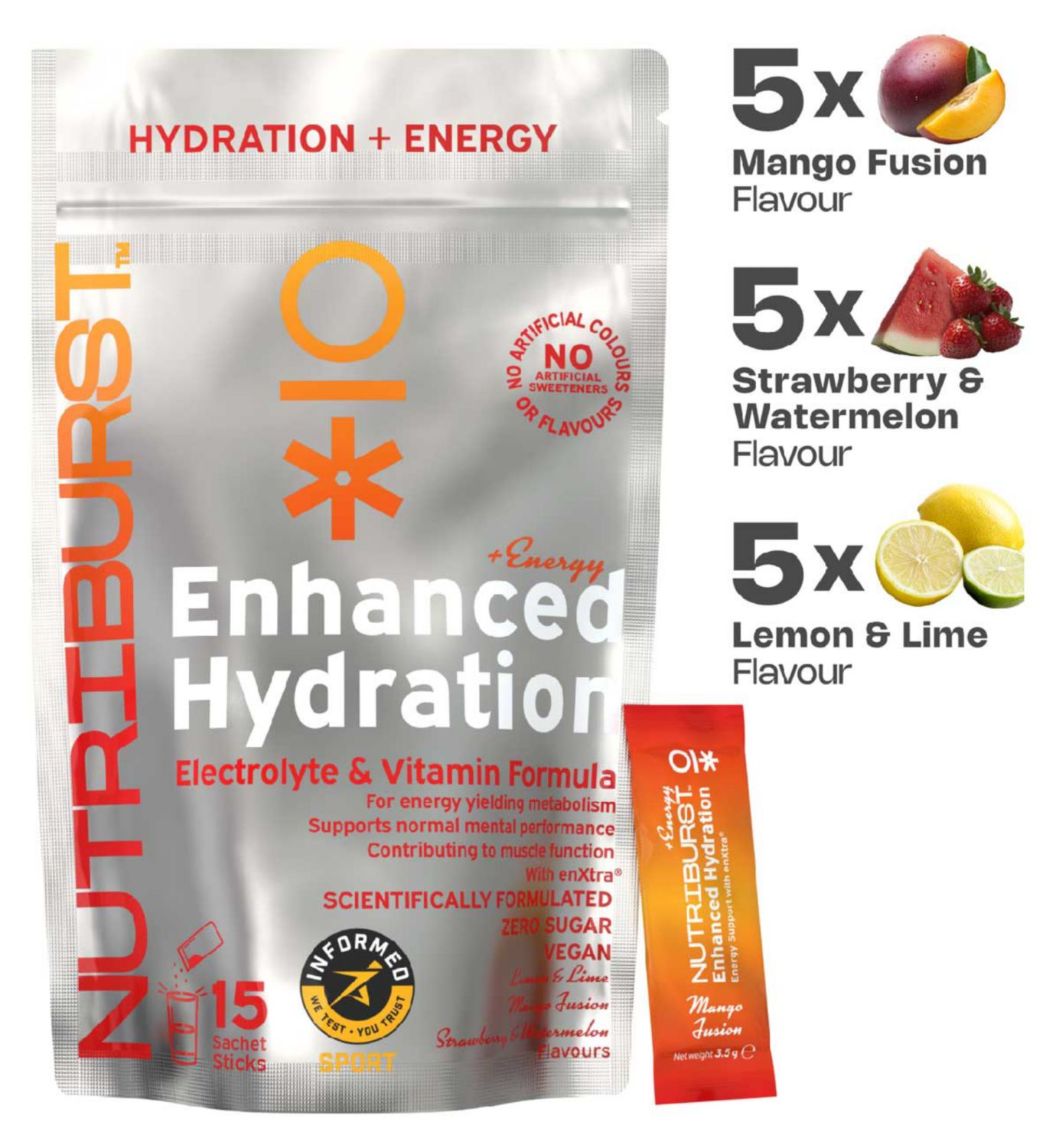 Nutriburst Energy Hydration electrolyte powder 15 sachets, imported from the UK