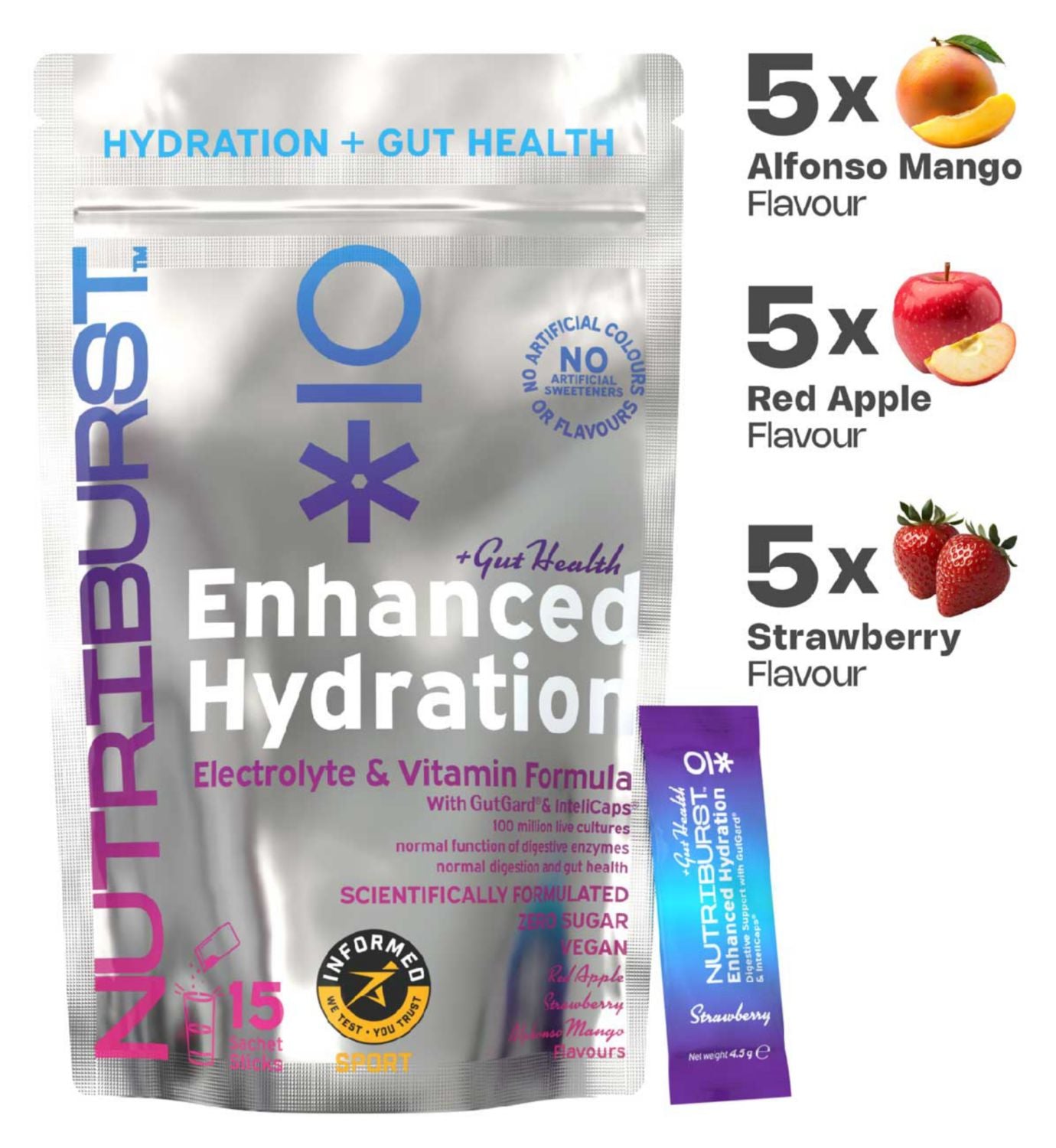 Nutriburst electrolyte powder mixed flavours sachets, imported from the UK