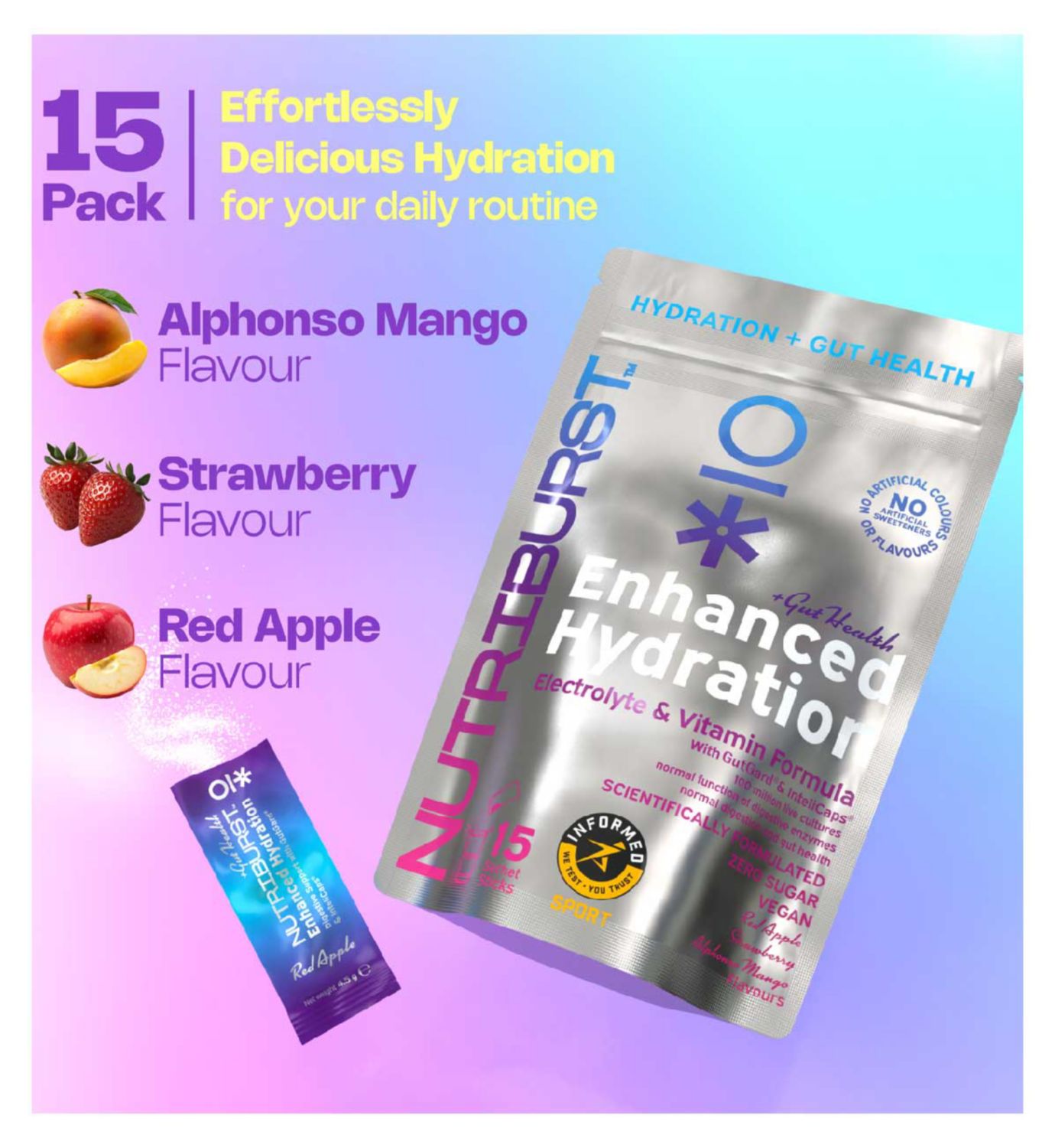 Nutriburst electrolyte powder mixed flavours sachets, imported from the UK