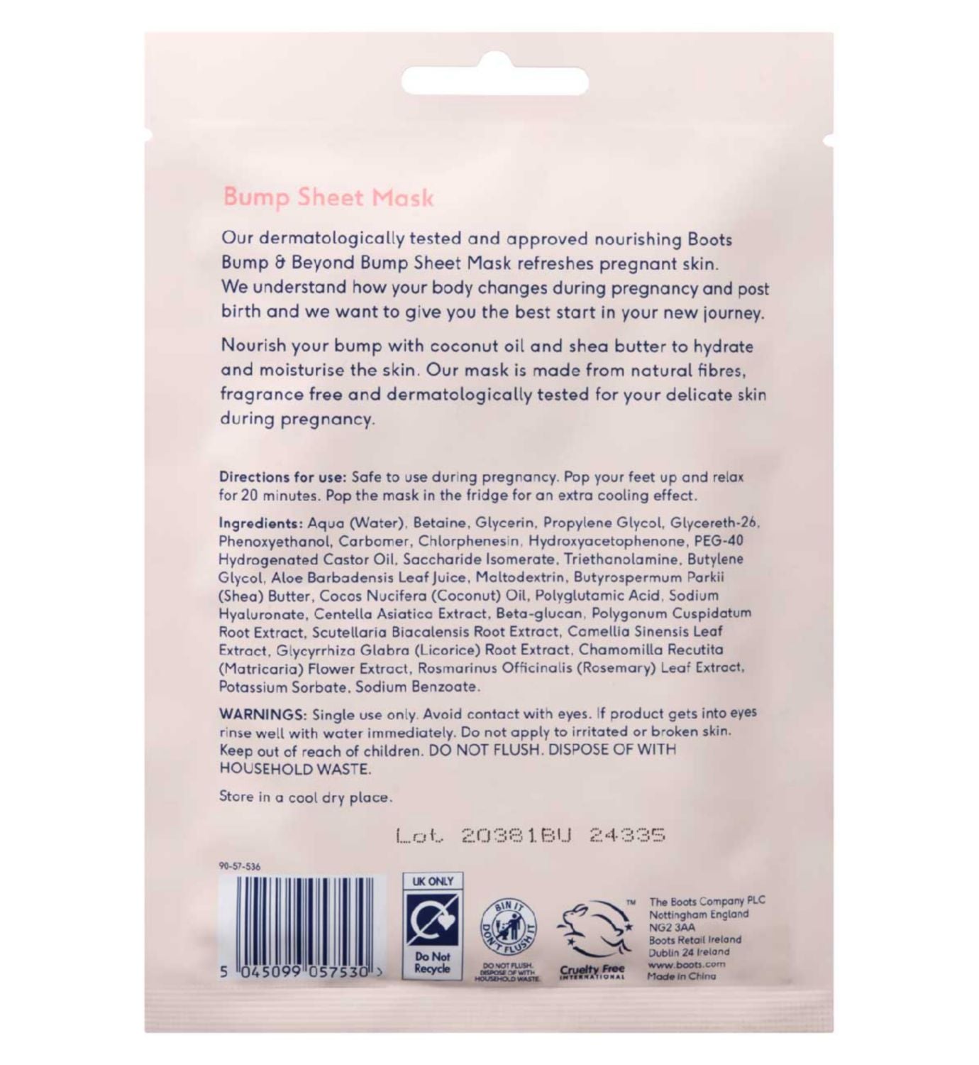 Boots Bump sheet mask for pregnancy skincare, imported from the UK