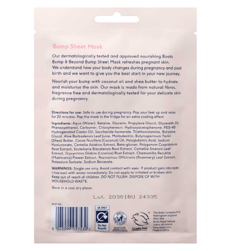 Boots Bump sheet mask for pregnancy skincare, imported from the UK