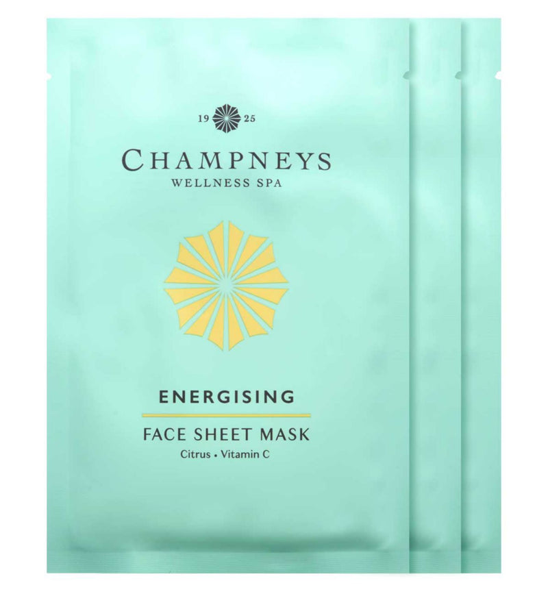 Champneys energising face sheet masks 35ml 3-pack, imported from the UK