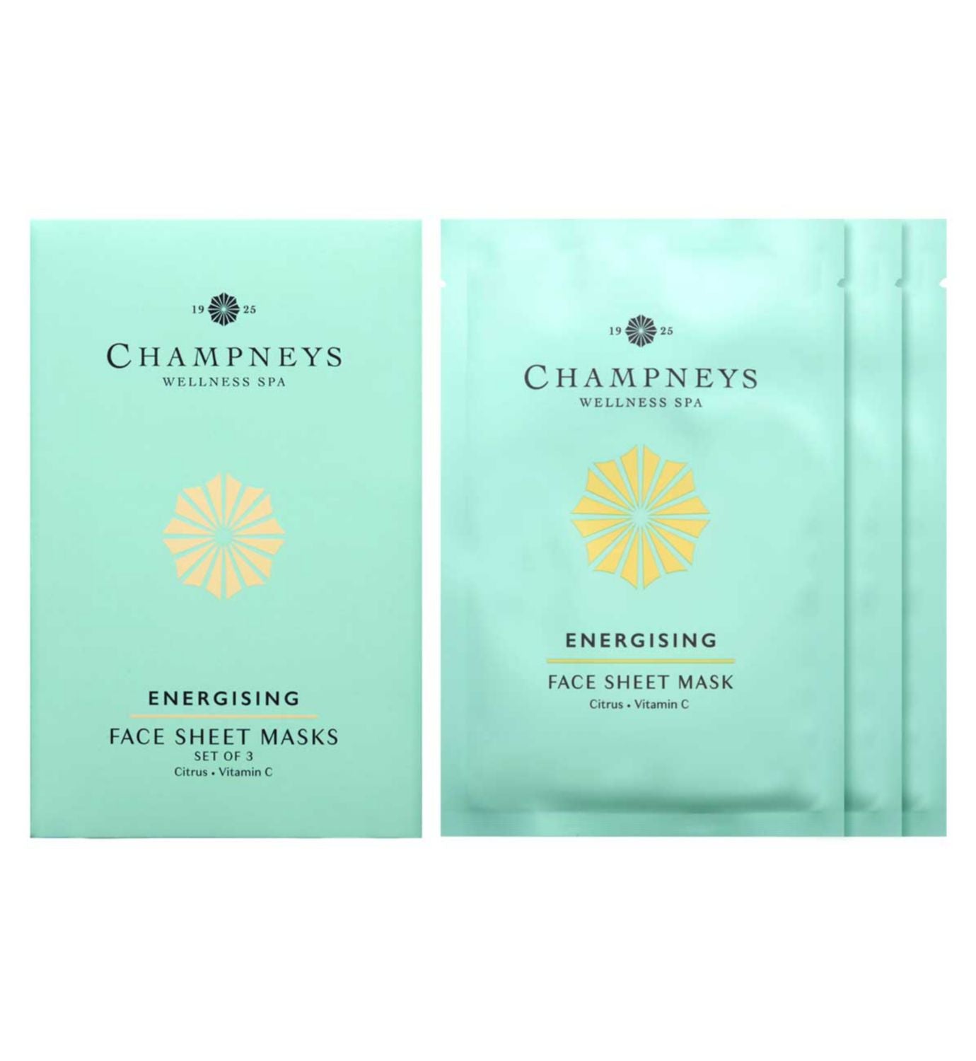 Champneys energising face sheet masks 35ml 3-pack, imported from the UK